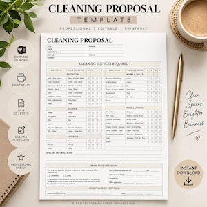 May include: A white cleaning proposal template document with black text, featuring sections for client information, cleaning services required, and terms and conditions. The form includes checkboxes for daily, weekly, monthly, and one-time tasks.
