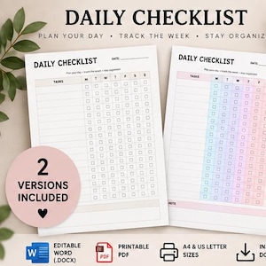 Op de afbeelding: Twee dagelijkse checklist-sjablonen op wit papier. De linkerversie heeft een neutrale lay-out, terwijl de rechterversie een kleurrijke verloopkolom voor de dagen van de week bevat. Beide vellen bevatten een takenlijst en selectievakjes.