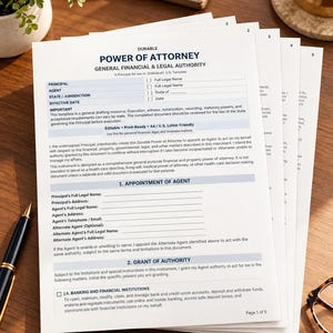 Può includere: Una pila di documenti cartacei bianchi intitolati Durable Power of Attorney General Financial & Legal Authority. Le pagine presentano testo nero, intestazioni blu e righe vuote per inserire nomi, indirizzi e date, con numeri di pagina da 1 a 5.