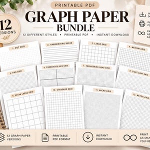May include: A printable PDF graph paper bundle featuring 12 different styles including dot grid, handwriting ruled, large grid, medium grid, fine grid, coordinate axis, engineering quad, light gray, extra large, standard, micro, and metric 5mm grids.