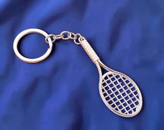 Tennis Racket Keychain, Silver Metal Sports Key Ring, Tennis Lover Gift, Athlete Bag Charm, Coach Team Gift