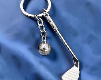 Golf Club Keychain, Silver Metal Golf Ball Key Ring, Golf Lover Gift, Sports Bag Charm, Dad Coach Gift for Him