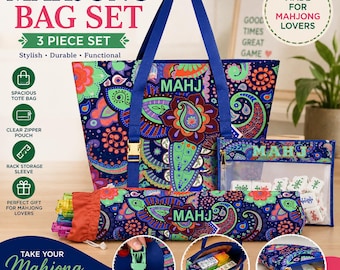 Boho Mahjong Bag Set, Mahjong Tote Bag with Rack Sleeve & Clear Pouch, Paisley Mahjong Accessories, Mahjong Lover Gift, Game Night Bag