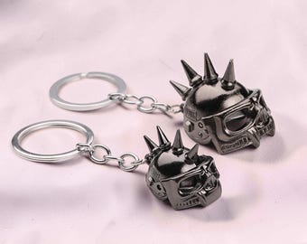 Punk Helmet Keychain, Black Metal Biker Key Ring, Gothic Spike Bag Charm, Cool Motorcycle Style Gift for Him