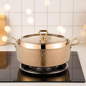 Hammered Stainless Steel Cooking Pot – Copper and Silver Finish with Lid for Modern Kitchens