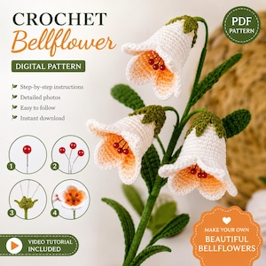Virkat mönster för klockblomma, handledning för realistiska blommor (PDF-nedladdning)