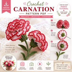 May include: A crochet carnation pattern PDF with step-by-step photo tutorial. The image shows two handmade crochet carnations with red and white petals, green stems, and the text "Crochet Carnation Pattern PDF".