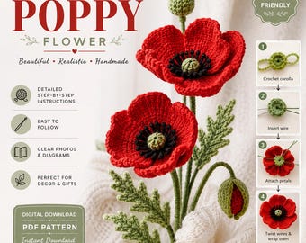 Patrón realista de flor de amapola a crochet (descarga en PDF)