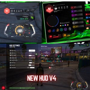 May include: A digital interface showcasing a heads-up display (HUD) with settings for speed, health, and status. The image features the text "NEW HUD V4" and a speedometer reading "020". The interface has a black background with green and red highlights.