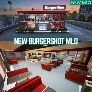 May include: A two-story building with the text "Burger Shot" on the sign. The building has a modern design with red seating and large windows. The text "NEW BURGERSHOT MLO" is displayed in large, bold letters.