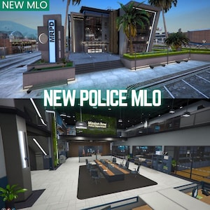 Puede incluir: Una representación digital de una estación de policía moderna, exterior e interior. El exterior presenta un letrero que dice "MRPD" y el texto "NEW MLO". El interior muestra una sala de conferencias con una mesa larga y sillas. El texto "NEW POLICE MLO" también es visible.