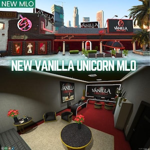 Peut inclure: Vues extérieures et intérieures d'un bâtiment avec le texte "NEW VANILLA UNICORN MLO". L'extérieur présente un néon licorne et le nom "VANILLA" sur une grande enseigne. L'intérieur montre un salon avec tables, chaises et tapis rouge.