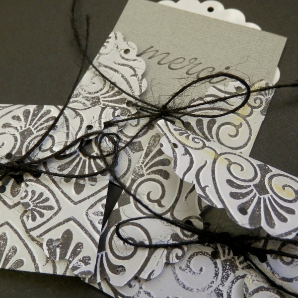 LAST SET - 3 Handmade Mini  "MERCI" Cards with Envelopes - Grey and Black