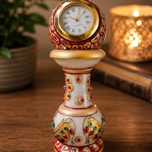 Reloj pintado a mano con diseño de piedra de Rajastán, organizador de escritorio de mármol de estilo indio.