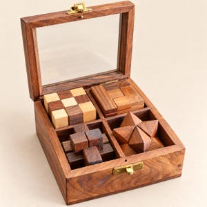 Wooden Brain Teaser Puzzle Set of 4 with Storage Box, 3D Interlocking Puzzles, Desk Games, Gift for Puzzle Lovers