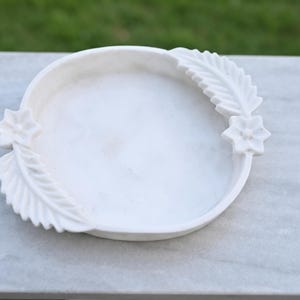 Hand-Carved White Marble Basket Bowl, Feather Leaf Handle, Decorative Catchall Tray
