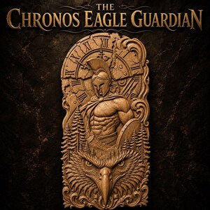 Pode incluir: Uma placa de parede retangular de madeira com o texto THE CHRONOS EAGLE GUARDIAN no topo. A escultura retrata um guerreiro com capacete e capa, um mostrador de relógio com algarismos romanos, pinheiros e uma grande cabeça de águia.