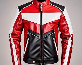 Herren Rot Schwarz Weiß Leder Motorradjacke, Retro Racing Biker Mantel