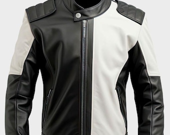 Schwarz-weiße Cafe Racer-Jacke aus Schaffellleder für Herren - Biker-Motorrad-Style-Mantel