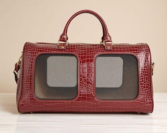 Geprägte Leder-Haustier-Tragetasche, von der Fluggesellschaft zugelassene Hundekatzen-Reisetasche