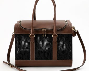 Luxus Leder Haustier Tragetasche für Katzen kleine Hunde, Atmungsaktives Mesh Designer Haustier Tragetasche, von der Fluggesellschaft zugelassene Welpen Reisehandtasche