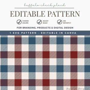 May include: A digital buffalo check plaid pattern in a repeating square design. The pattern features alternating squares of cream, navy blue, and burgundy. Text at the top reads "buffalo check plaid" and "EDITABLE PATTERN". The pattern is for branding, products, and digital design.