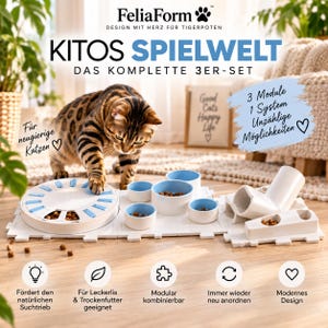 Könnte beinhalten: Ein modulares FeliaForm Kitos Spielwelt Katzenspielzeug-Set mit einem weißen runden Futterspender mit blauen Schiebern, mehreren weiß-blauen Schalen und einer weißen Tunnelstruktur, die mit Trockenfutter für eine getupfte Katze gefüllt sind.