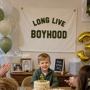 May include: A cream-colored fabric banner with the dark green text LONG LIVE BOYHOOD hanging on a wall above a birthday cake. The cake is topped with a green number three candle. Green and gold balloons and a gold number three balloon are visible.
