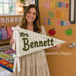 Personalized Teacher Name Pennant, Embroidered Classroom Door Sign, Gingham Wall Banner, Back to School Teacher Appreciation Gift