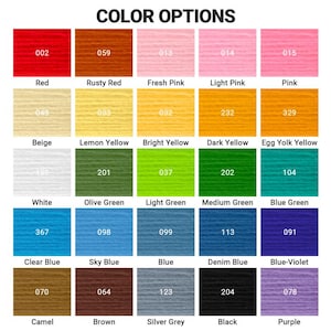 May include: A color chart titled COLOR OPTIONS displaying a grid of 25 rectangular swatches. Each swatch features a unique color, a numerical code, and a corresponding color name in English, including red, pink, yellow, green, blue, brown, and black.