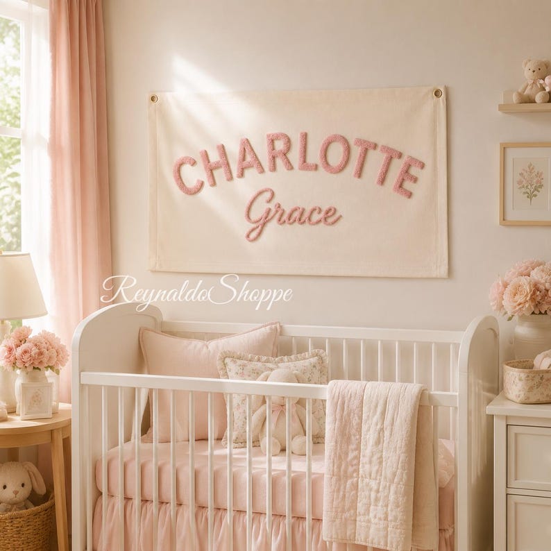 Personalized Hand Embroidered Name Pennant Flag, Custom Baby Name Banner, Nursery Wall Decor, Kids Room Decor, Baby Gift image 7