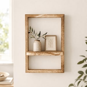May include: A rectangular wooden wall shelf with a natural grain finish. The shelf features a single horizontal plank supporting a light-colored ceramic vase containing a green leafy branch and a small framed botanical print with a white border.