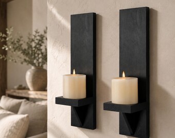 Rustic Wood Wall Candle Holder Shelf Pair, Farmhouse Entryway Decor