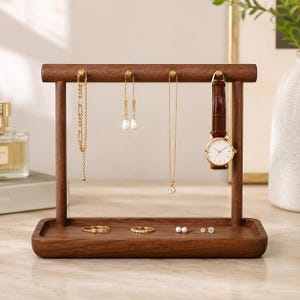Wooden Jewelry Stand with Storage Tray, Tabletop Organizer Rack