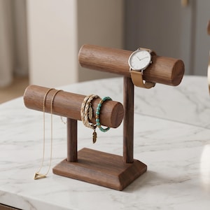 Houten sieradenstandaard voor horloge, armbandhouder met twee niveaus, opberger ketting, rustiek ijdelheiddecor