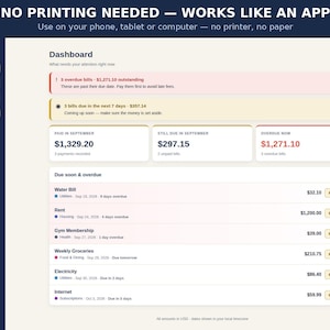 May include: A digital Bill Ledger payment tracker dashboard interface featuring a dark blue sidebar with navigation tabs and a main area displaying financial summaries, overdue bill alerts, and a list of upcoming expenses with payment status buttons.