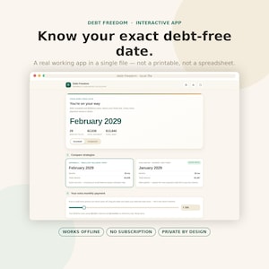 May include: A digital debt freedom interactive app interface displayed on a screen. The dashboard shows a debt-free date of February 2029, with sections for comparing snowball and avalanche strategies, and an extra monthly payment slider tool.
