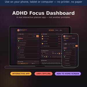 ADHD Planner 2026, Focus Dashboard App with Task Manager and Pomodoro Timer, Productivity System, Interactive HTML Download