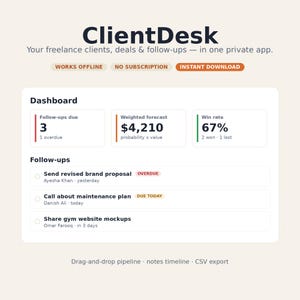 May include: A digital interface for ClientDesk software displaying a dashboard with follow-ups, weighted forecast of $4,210, and a 67% win rate. The screen lists tasks like sending a brand proposal, calling about a maintenance plan, and sharing mockups.