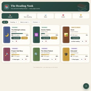 Può includere: Un'interfaccia digitale intitolata The Reading Nook, un tracker di lettura personale. La dashboard mostra copertine di libri, barre di avanzamento ed etichette di stato come Reading, Want to read e Finished per titoli come The Midnight Library.