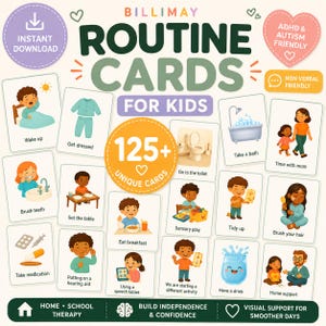 Op de afbeelding: Een verzameling geïllustreerde routinekaarten voor kinderen, met activiteiten zoals tandenpoetsen, ontbijten en baden. De kaarten zijn ontworpen voor thuis- en schooltherapie, met de nadruk op het opbouwen van onafhankelijkheid en zelfvertrouwen. De set bevat 125+ unieke kaarten.
