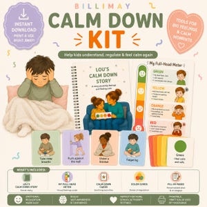 Op de afbeelding: Een "Calm Down Kit" met de tekst "Calm Down Kit" en "Lou's Calm Down Story". De kit bevat een sociaal verhaal, een visuele gevoelsschaal en kleurenkaarten. De kit is ontworpen om kinderen te helpen begrijpen, reguleren en kalm te voelen.