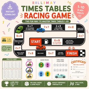 Op de afbeelding: Een kleurrijk Times Tables Racing Game bord met een racebaan ontwerp. Inclusief spelstukken, een oefenblad en een certificaat. Het spel is ontworpen voor kinderen vanaf 6 jaar en leert de tafels van 1-10.