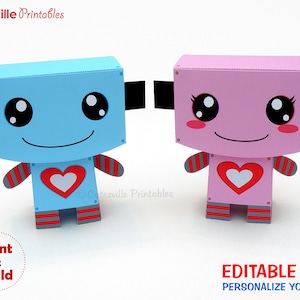 Two Printable Valentine&#39;s Robot Favor, Candy, Gift Boxes - Editable Text PDF- INSTANT DOWNLOAD