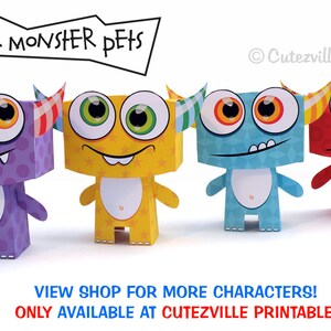 May include: Four papercraft monster characters with different colors and designs. The monsters are purple, yellow, blue, and red. Each monster has large eyes and a friendly expression. The text "paper monster pets" is at the top of the image. The text "Cutezville Printables" is at the top right of the image. The text "VIEW SHOP FOR MORE CHARACTERS! ONLY AVAILABLE AT CUTEZVILLE PRINTABLES" is at the bottom of the image.