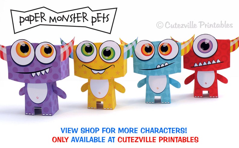 May include: Four papercraft monster characters with different colors and designs. The monsters are purple, yellow, blue, and red. Each monster has large eyes and a friendly expression. The text "paper monster pets" is at the top of the image. The text "Cutezville Printables" is at the top right of the image. The text "VIEW SHOP FOR MORE CHARACTERS! ONLY AVAILABLE AT CUTEZVILLE PRINTABLES" is at the bottom of the image.