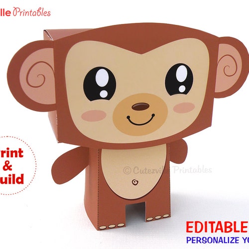 Monkey, Favor, Candy, Gift Box - Editable Text Printable PDF - INSTANT DOWNLOAD