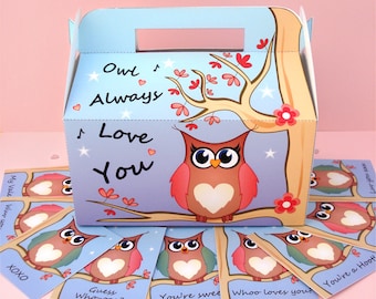 Printable PDF Valentine's Owl Treat Box & Gift Tags - INSTANT DOWNLOAD