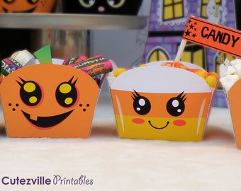 Printable Halloween Snack / Treat Boxes and Editable Text Flags PDF - INSTANT DOWNLOAD