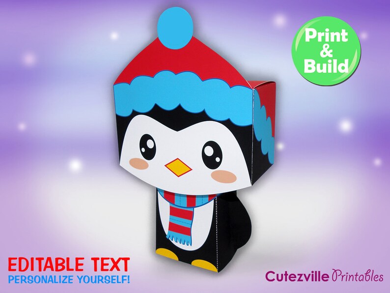 Printable PDF Christmas Penguin Gift Box With Editable Text - Etsy